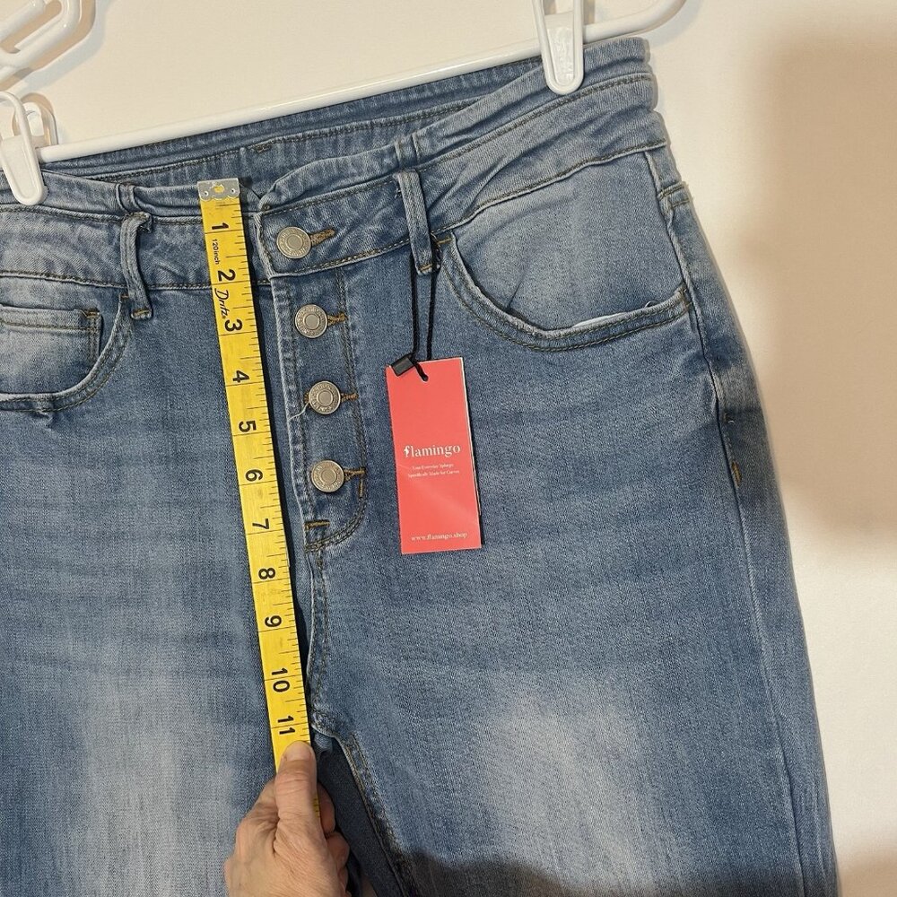 Flamingo Women’s Jeans Mid Rise Flare Leg Size Large Blue Fly Buttons Stretch - Picture 6 of 10